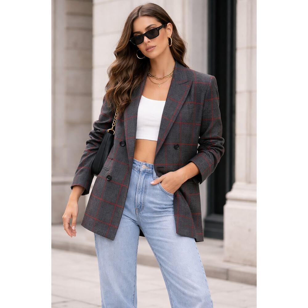 JH Collectibles Vintage Wool Plaid Double Breasted Blazer Jacket Grey Womens 6